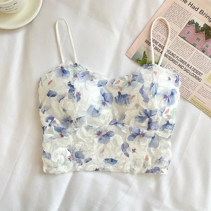 Fashion Sweet Floral Corset Vest Office Lady Beach Style Sleeveless Blouse Women Vintage Lace Slim Crop Top