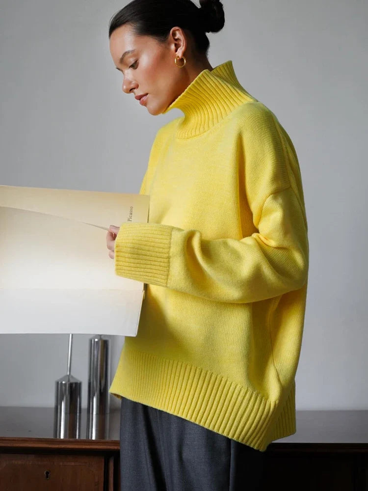 Autumn Women's Knitted Sweater Oversize High Collar Yellow Vintage Pullover Soft Winter Warm Vintage Red Sweaters for Women