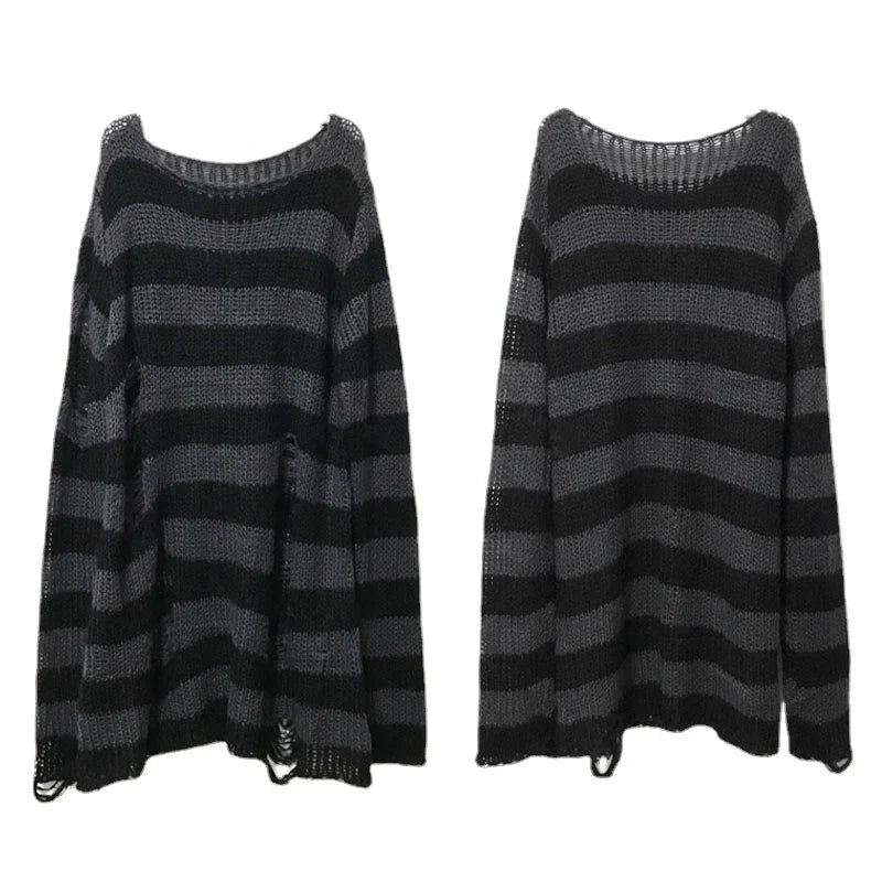 New Punk Gothic Long Unisex Sweater Summer Women Striped Cool Hollow Out Hole Broken Jumper Loose Rock Thin Dark Streetwear Top