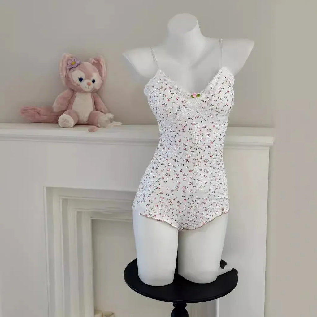 Women Sexy  Floral Print Bodysuit Lace Trim Sleeveless Slim Fit Leotard Summer Jumpsuit Romper Sexy Underwear Nightwear Lingerie