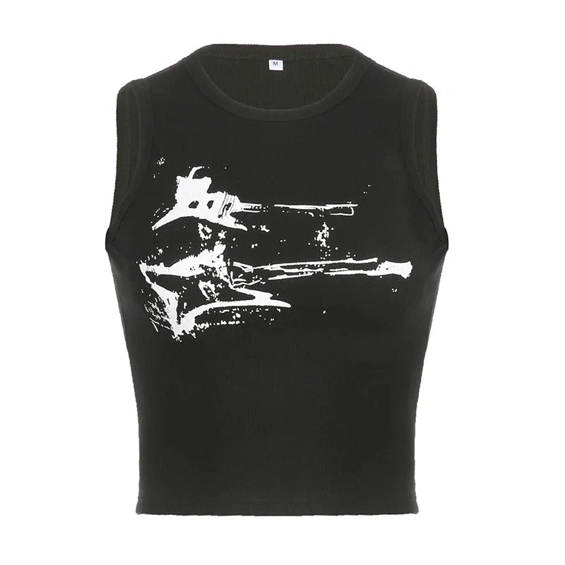Guitar Print Sleeveless Tank Top Y2K Casual Ribbed Women Grunge Crop Top Harajuku Fashion Vest Tee 90s Street Outfits