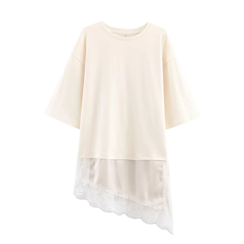 2025 Winter New Product Women's Slim Straight Round Neck Short Sleeve Asymmetric Hemp Splicing Lace T-shirt