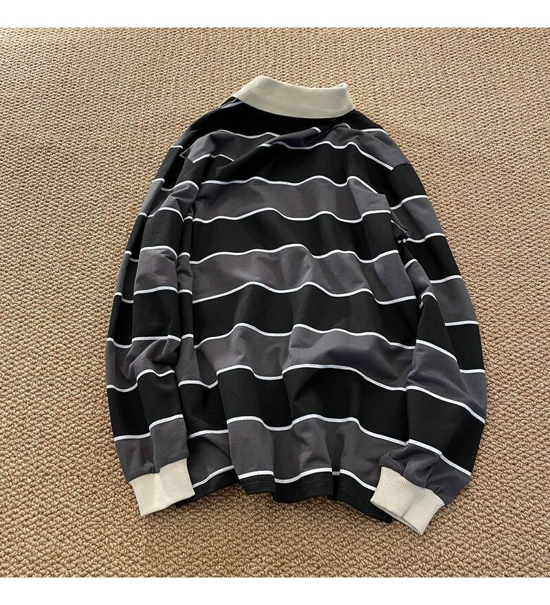 Reaper unit worldwide Striped POLO Shirt Men Women Casual Loose Couple BF Lapel Sweatshirts