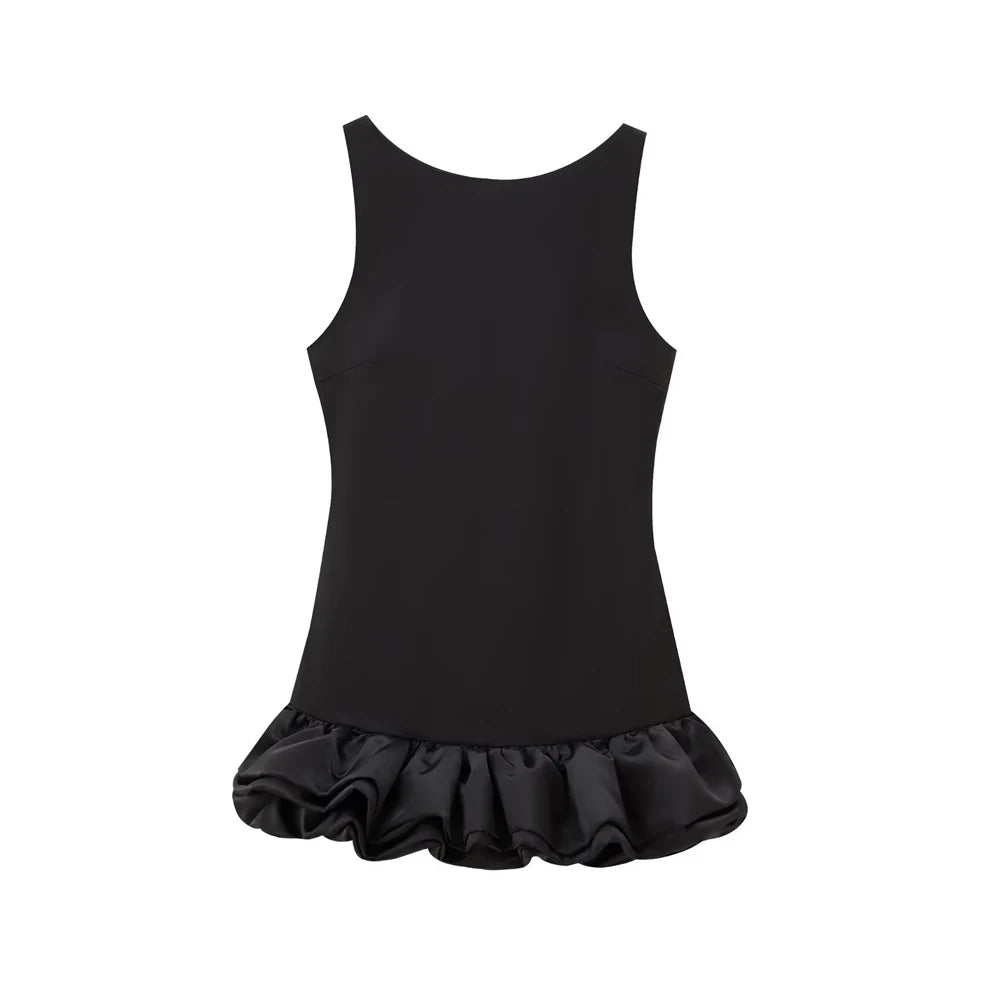 Women's Patchwork Voluminous Mini Dress, O-Neck, Backless With Zipper, Female Dresses, Sexy Fashion