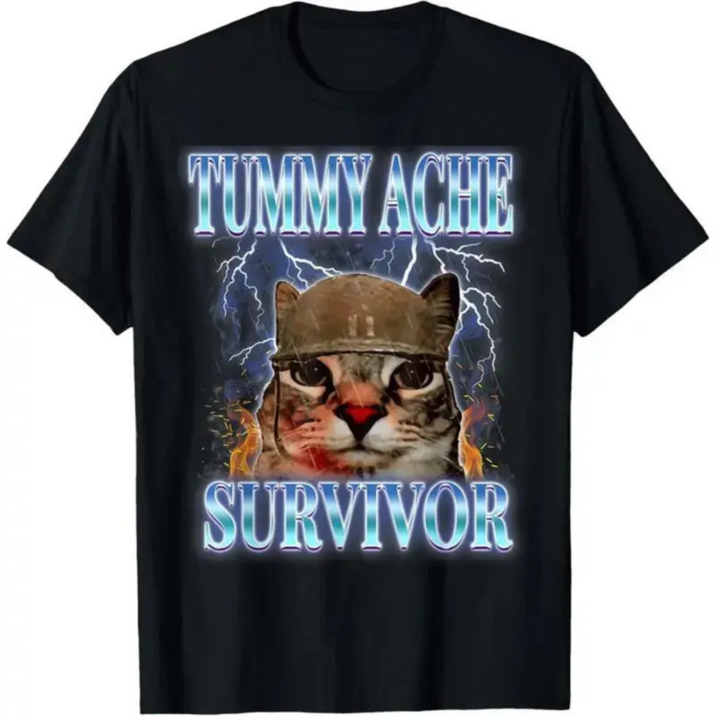 "Tummy Ache Survivor" Funny Cat T-Shirt – Vintage Meme Graphic Tee, Unisex Cotton Shirt
