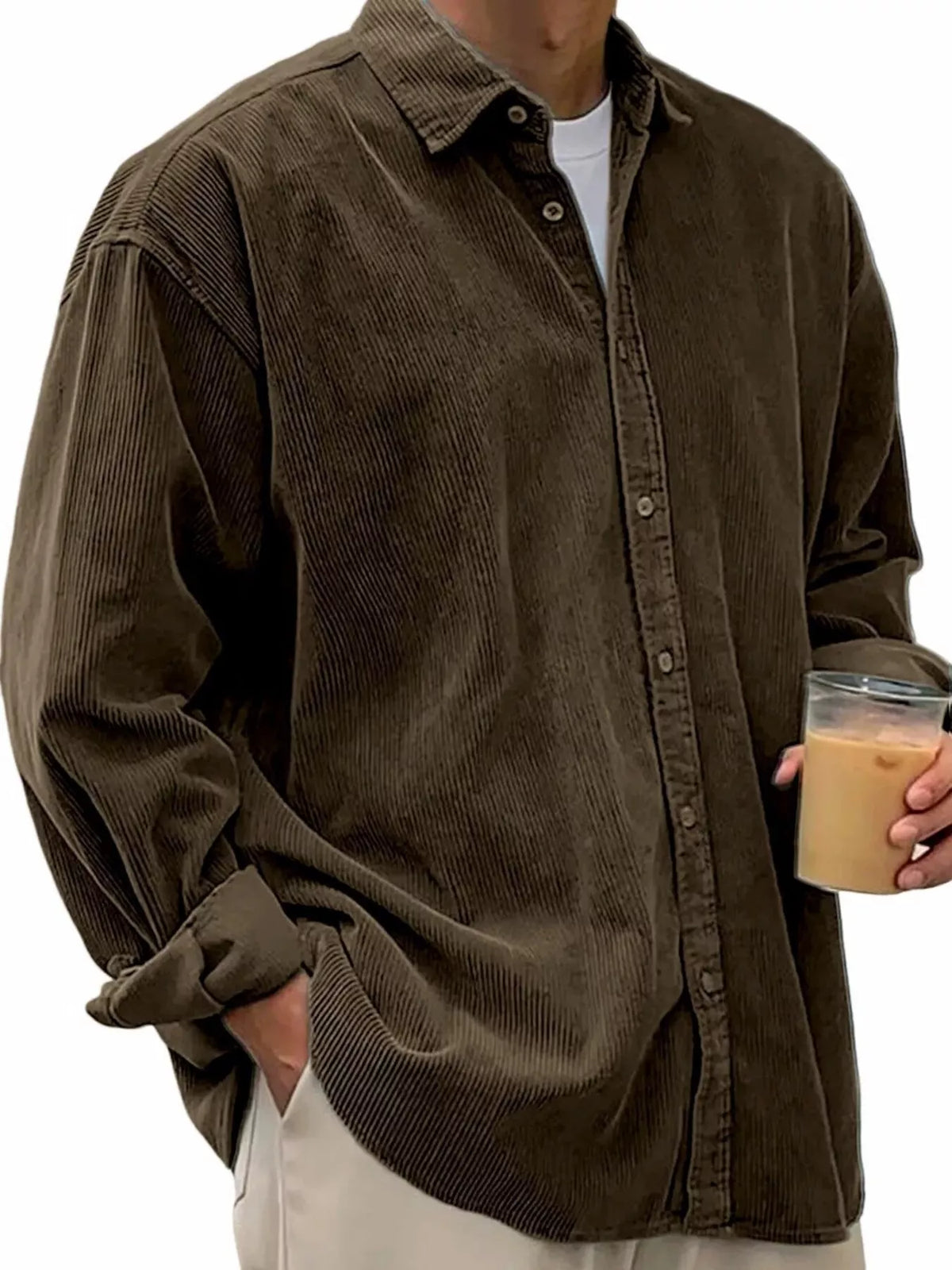 Men's Full Size Vintage Corduroy Long Sleeve Shirt Plus Size
