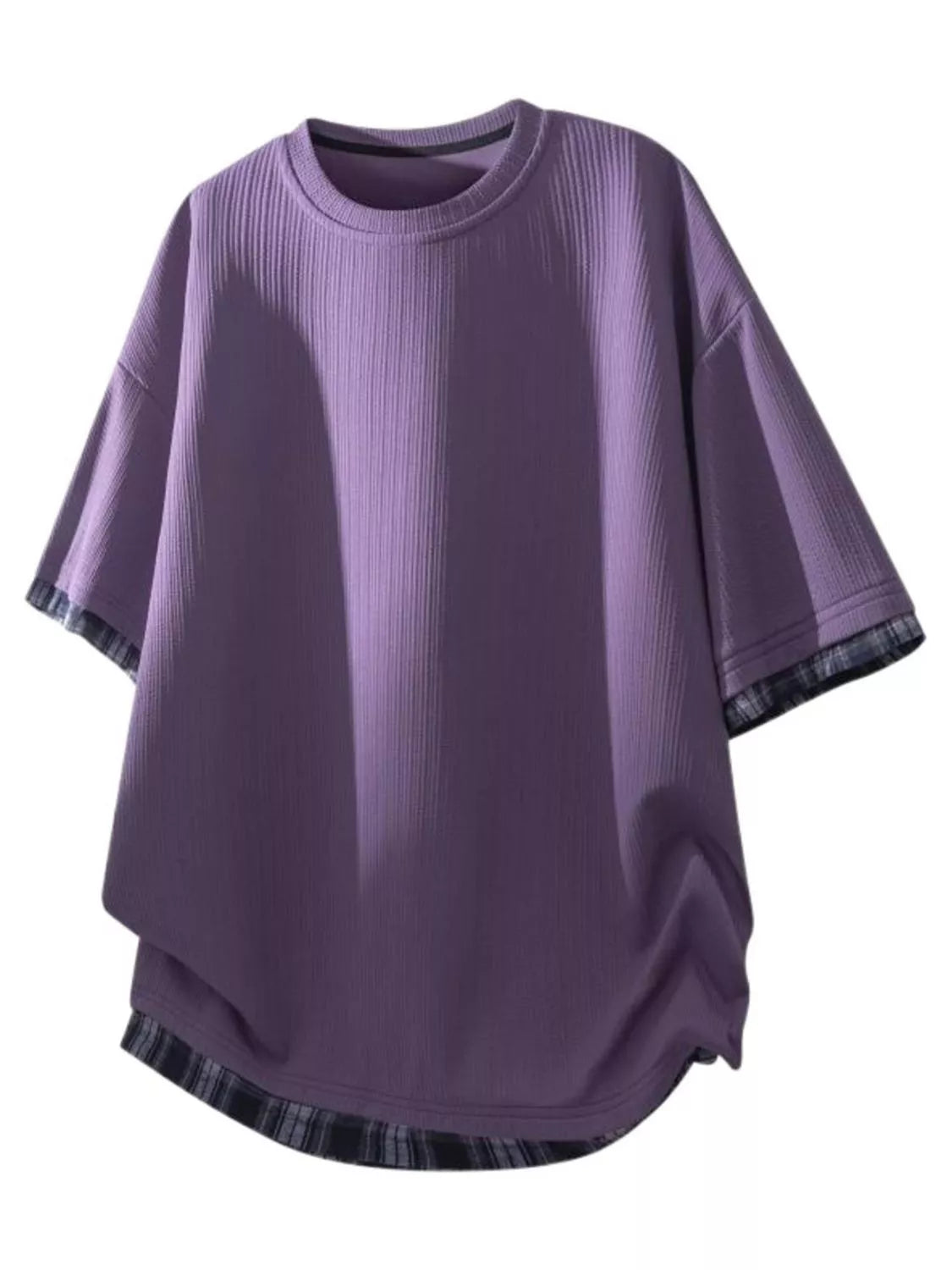 Men's Plus Size Short Sleeve Round Neck Plaid Trim T-Shirt
