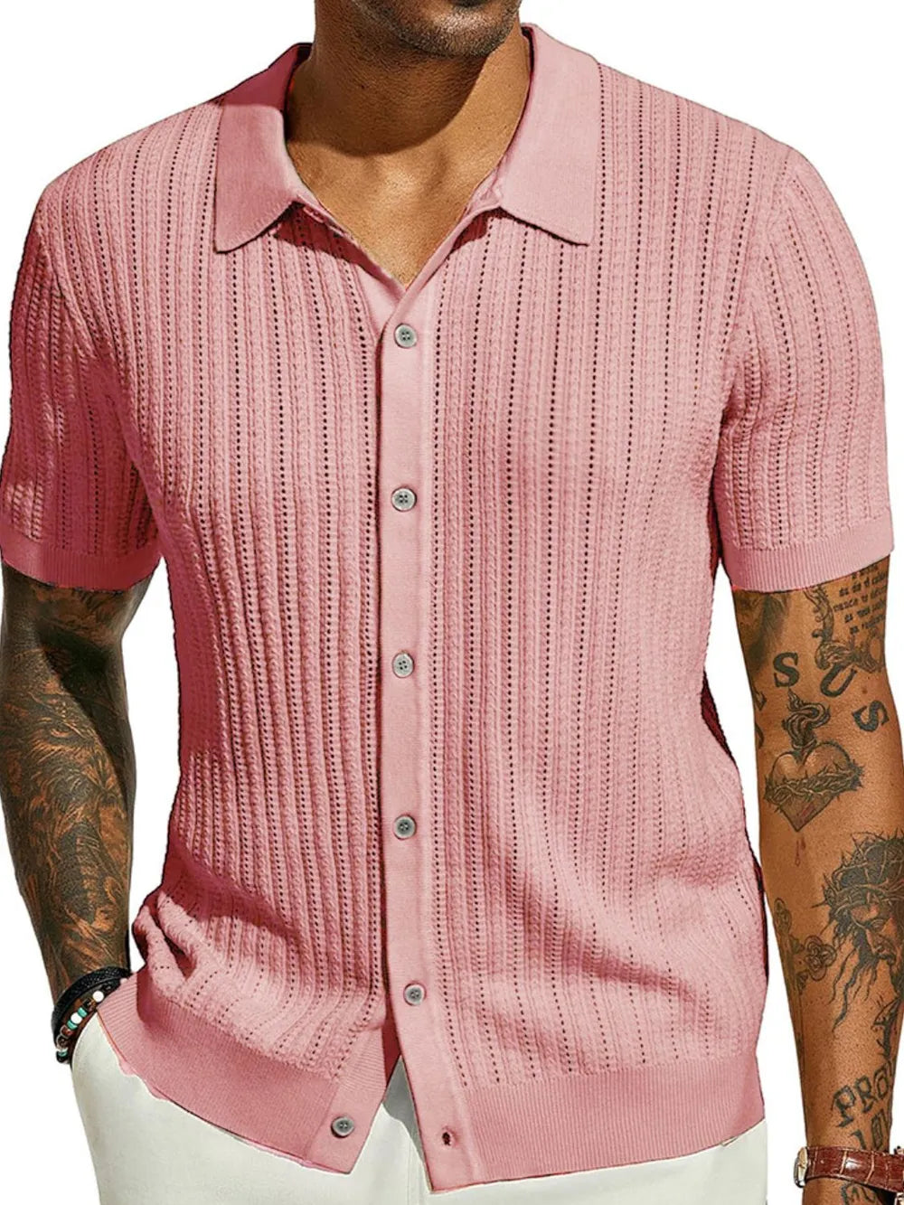 Men's Full Size Openwork Button Down Collared Neck Shirt Plus Size