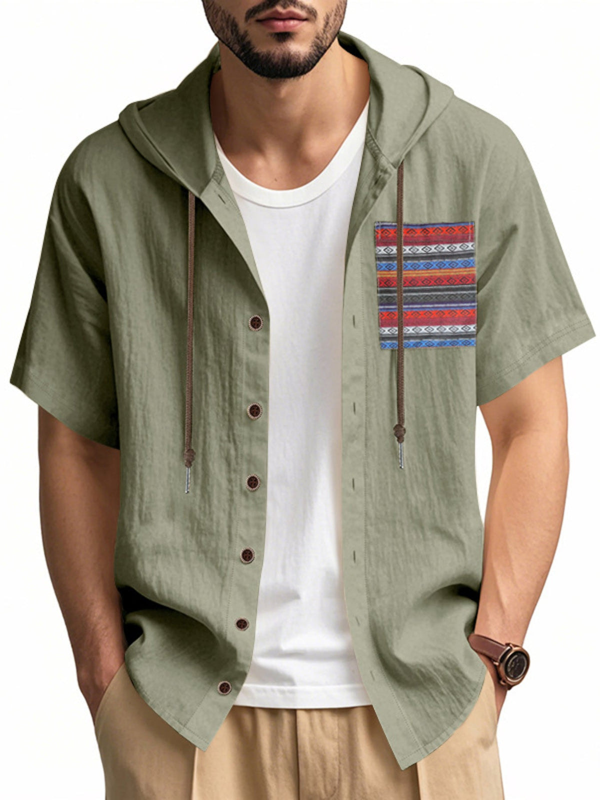 Men's Full Size Casual Hooded Short Sleeve Shirt Plus Size