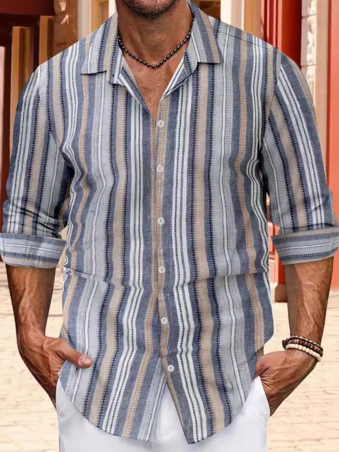 Men's Full Size Striped Button Up Long Sleeve Shirt Plus Size