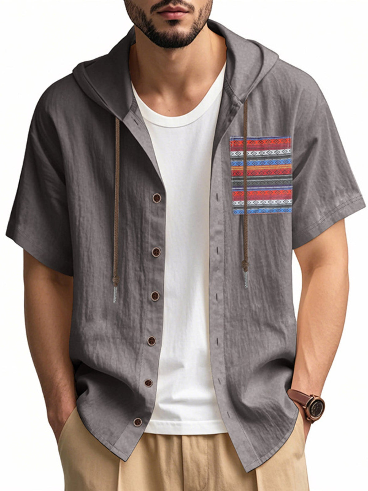 Men's Full Size Casual Hooded Short Sleeve Shirt Plus Size