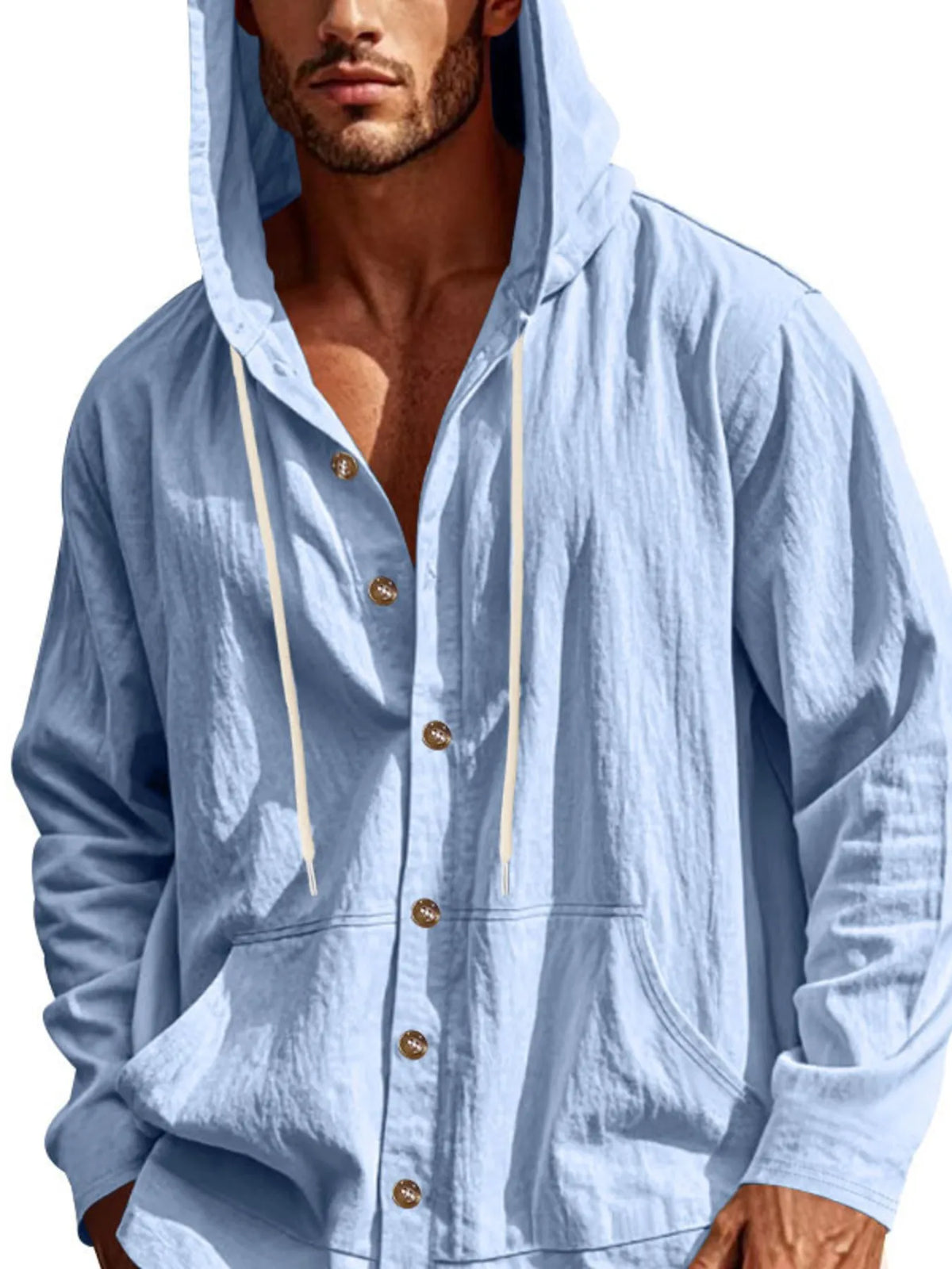Men's Full Size Drawstring Button Up Hooded Top Plus Size