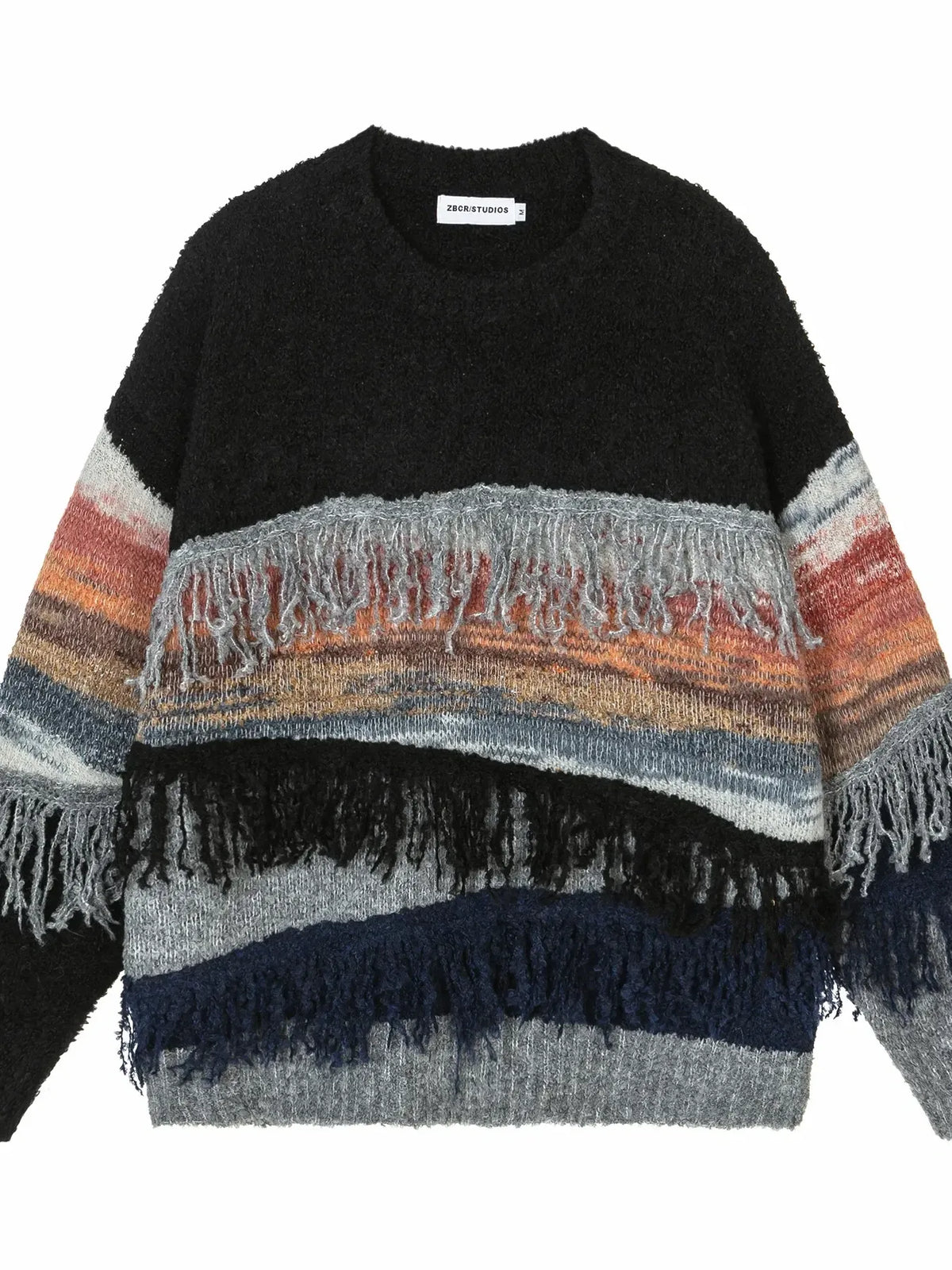 Men's Striped Fringe Round Neck Knit Sweater