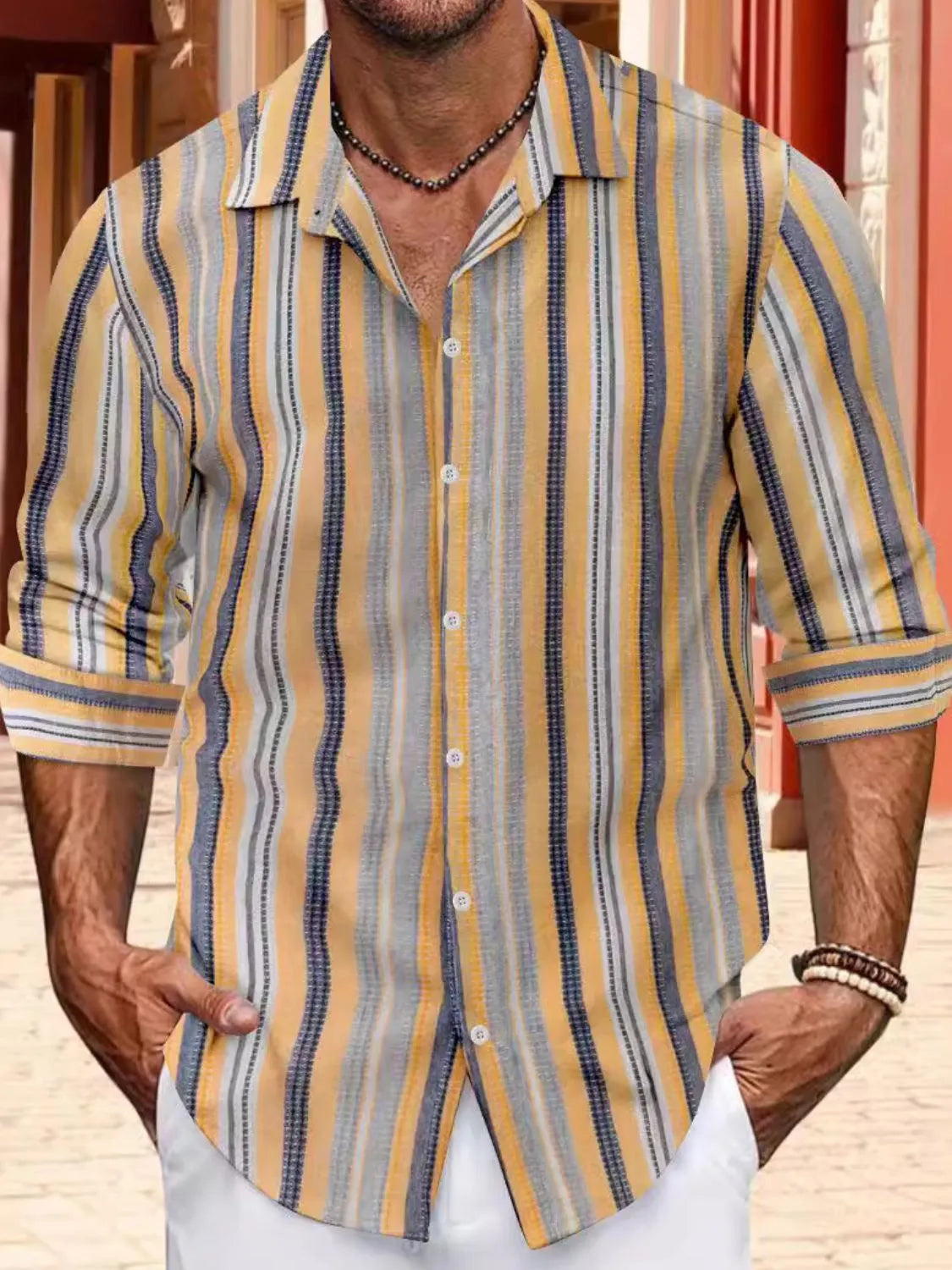 Men's Full Size Striped Button Up Long Sleeve Shirt Plus Size