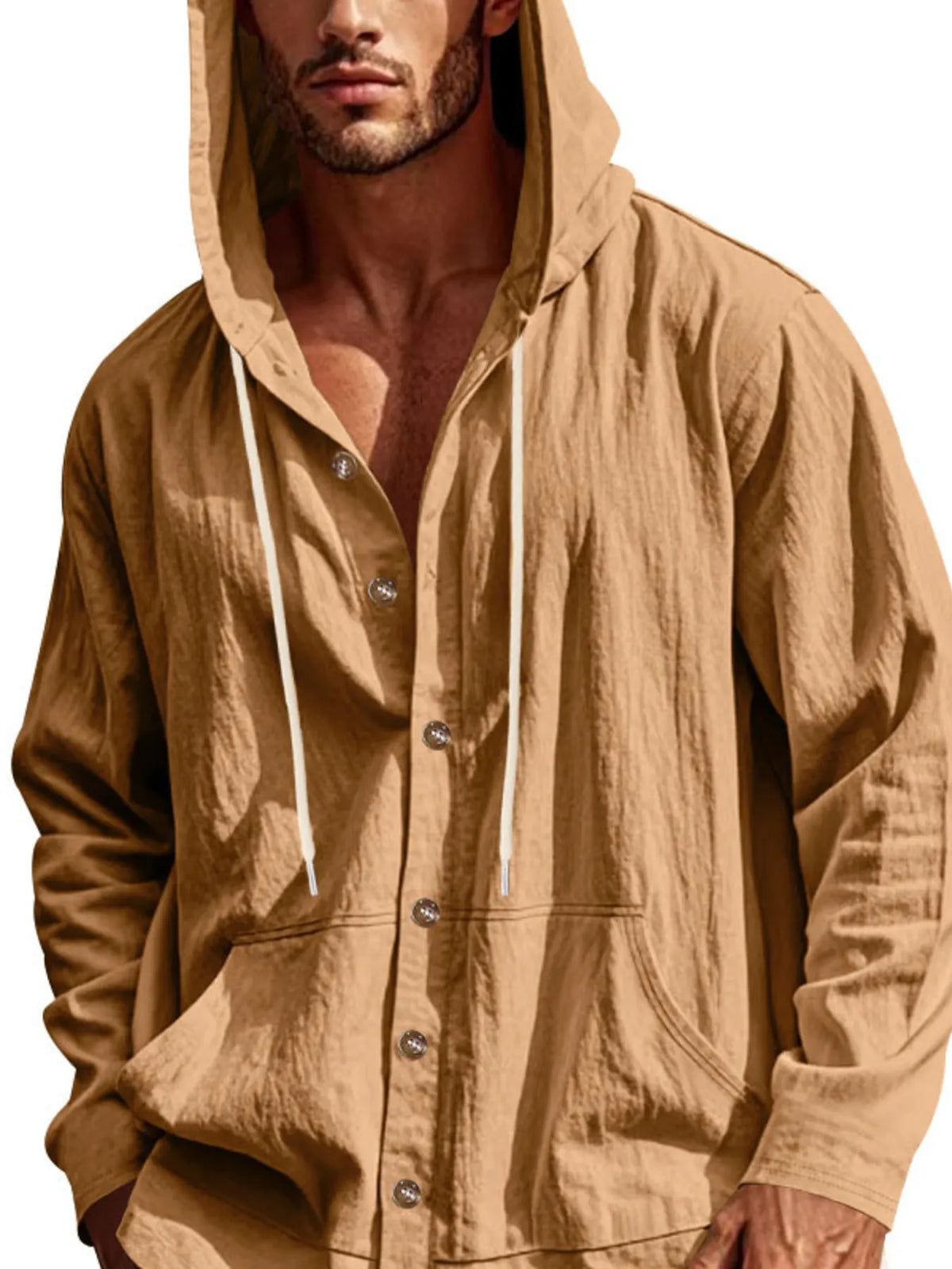 Men's Full Size Drawstring Button Up Hooded Top Plus Size
