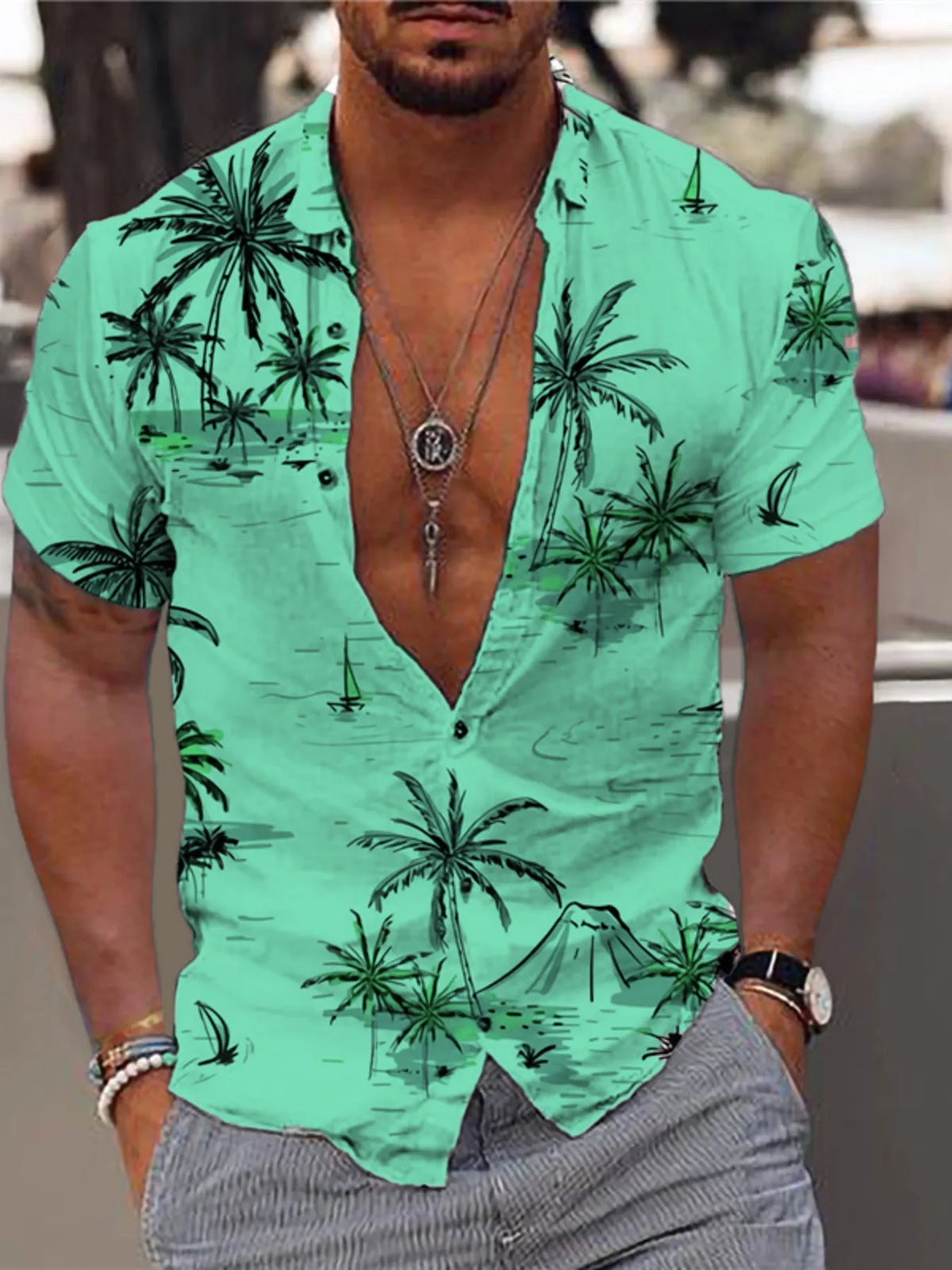Men's Full Size Tropical Print Short Sleeve Button-Down Shirt Plus Size