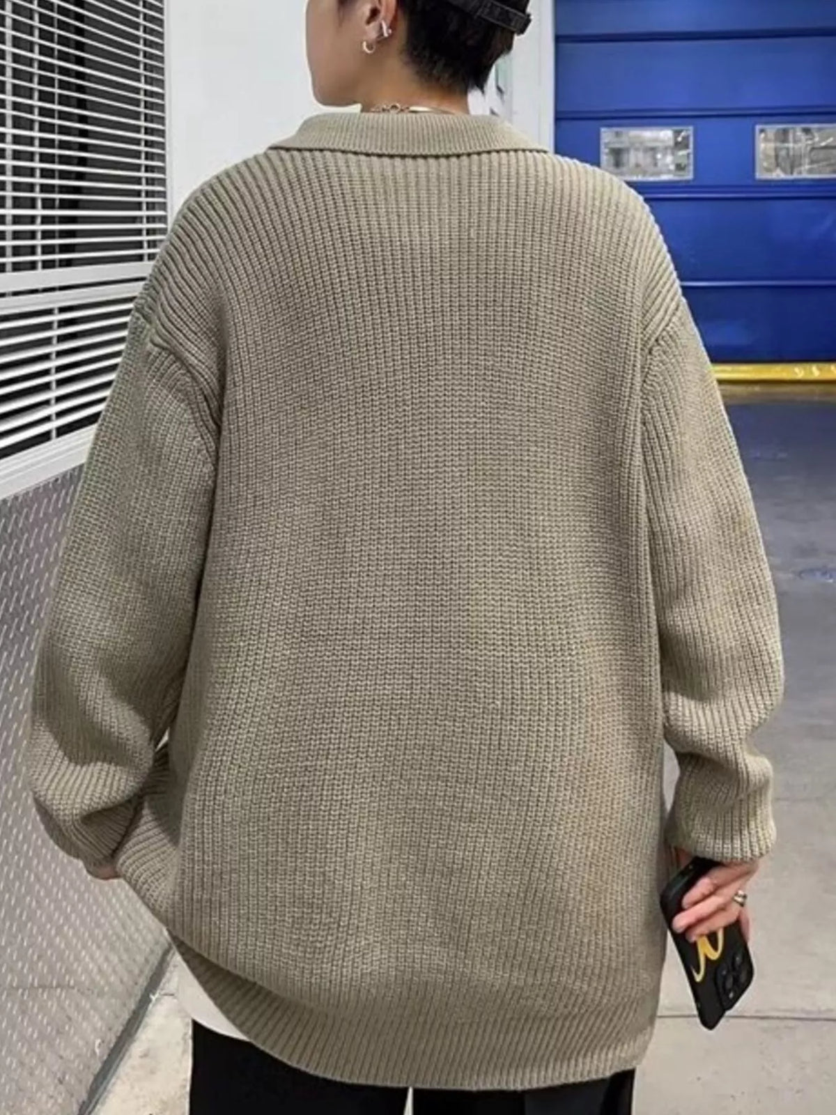 Men's Plus Size Quarter-Zip Collar Drop Shoulder Sweater