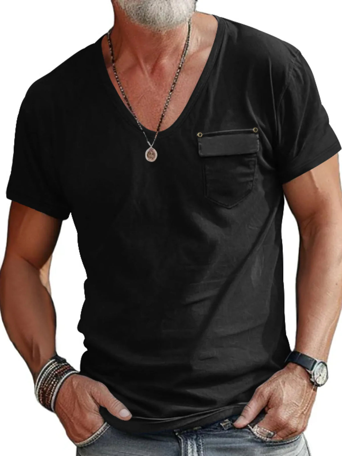 Men's Full Size Pocketed V-Neck T-Shirt Plus Size