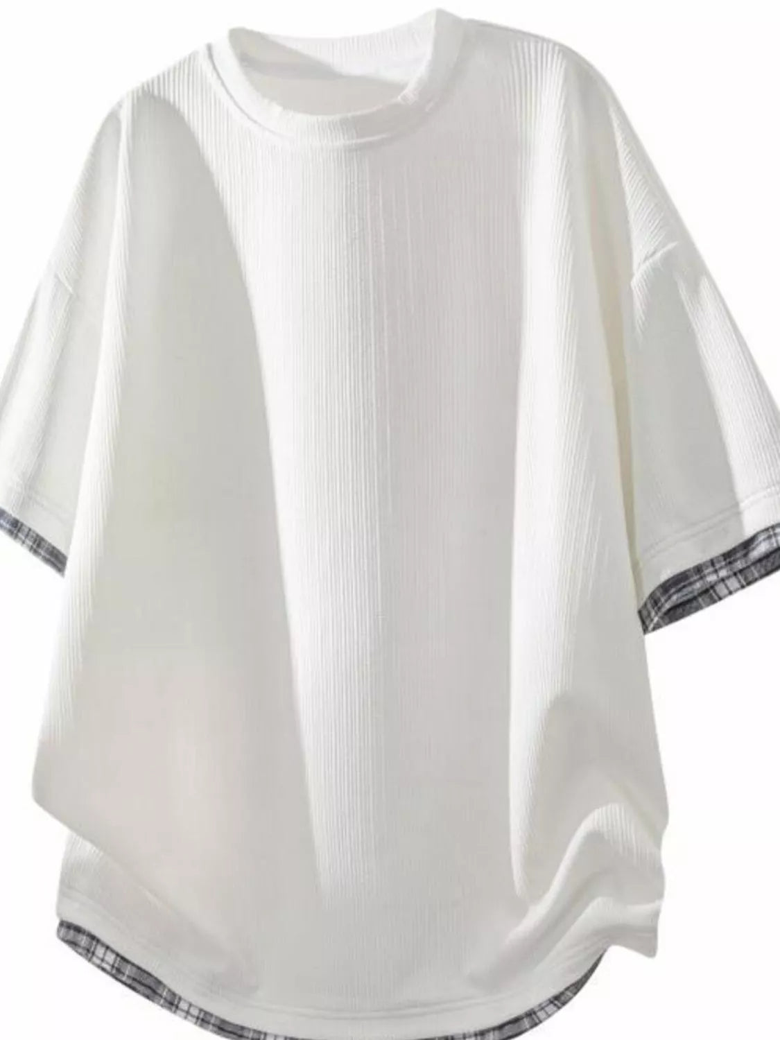 Men's Plus Size Short Sleeve Round Neck Plaid Trim T-Shirt