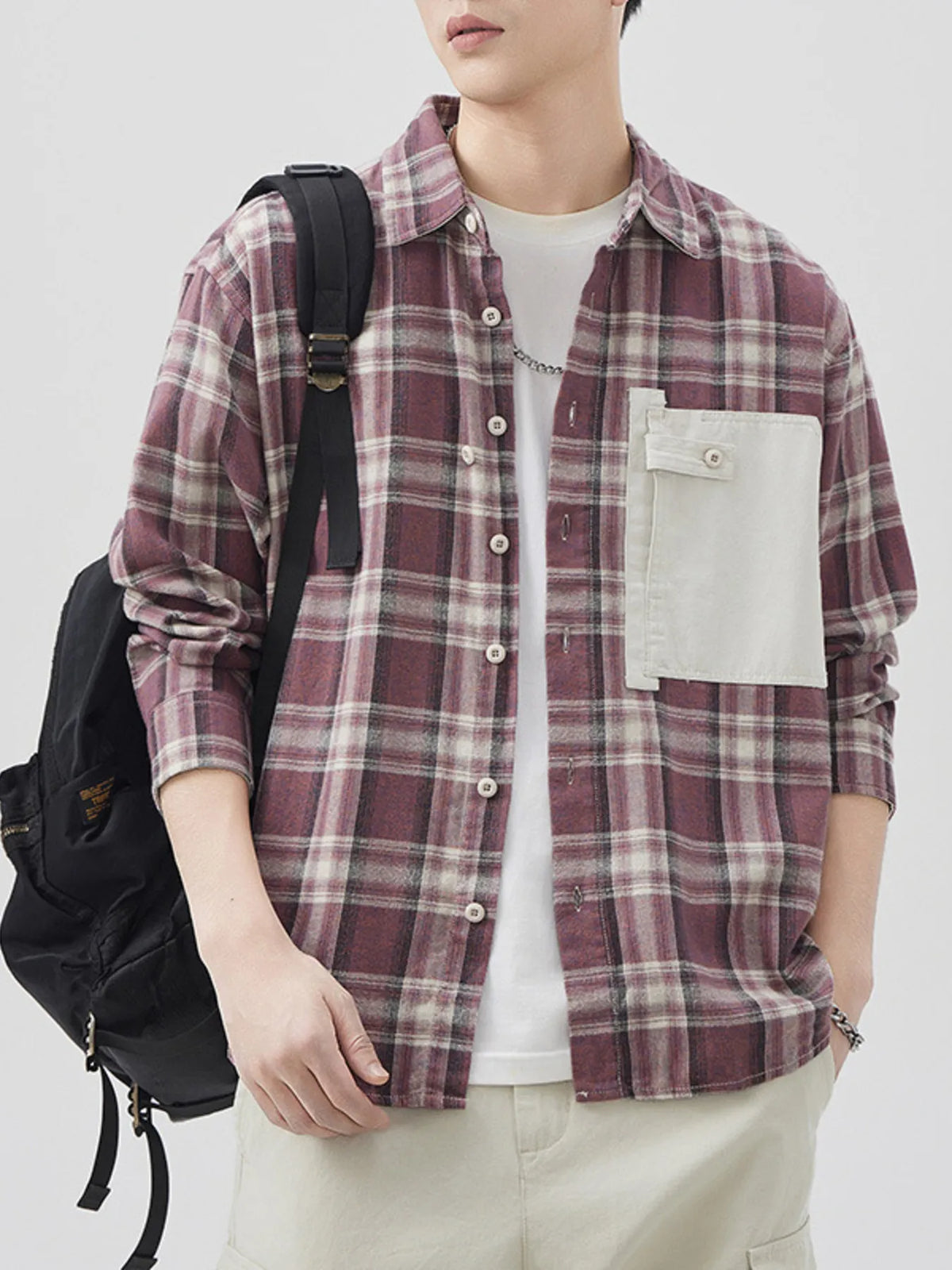 Men's Plus Size Plaid Button Down Shirt with Contrast Pocket