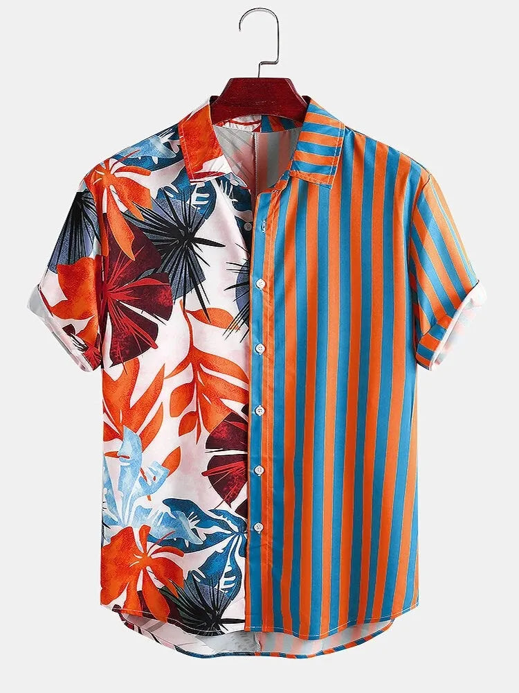 Men's Full Size Striped Printed Button Up Shirt Plus Size