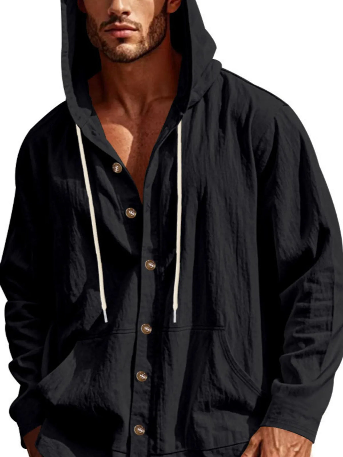 Men's Full Size Drawstring Button Up Hooded Top Plus Size