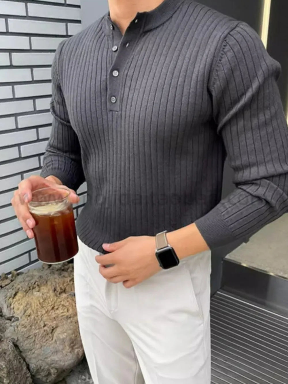 Button Detail Ribbed Long Sleeve Men's Knit Top