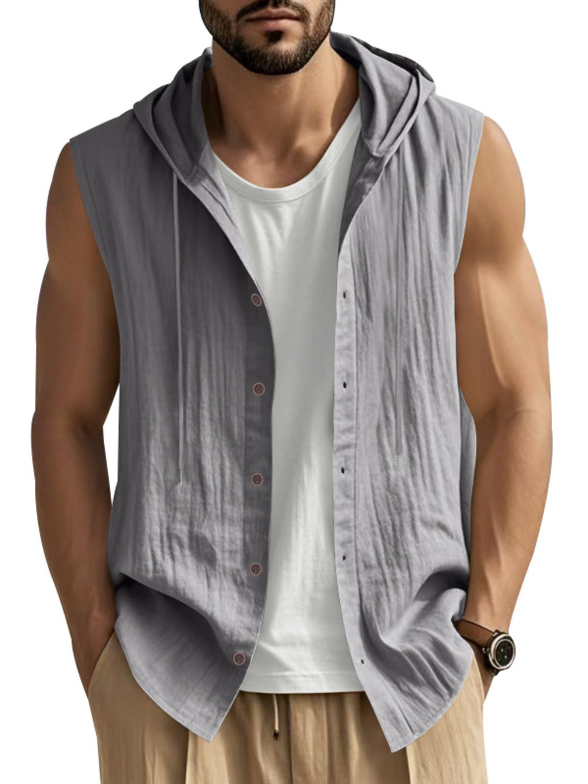 Men's Full Size Casual Sleeveless Hooded Button-Down Top Plus Size