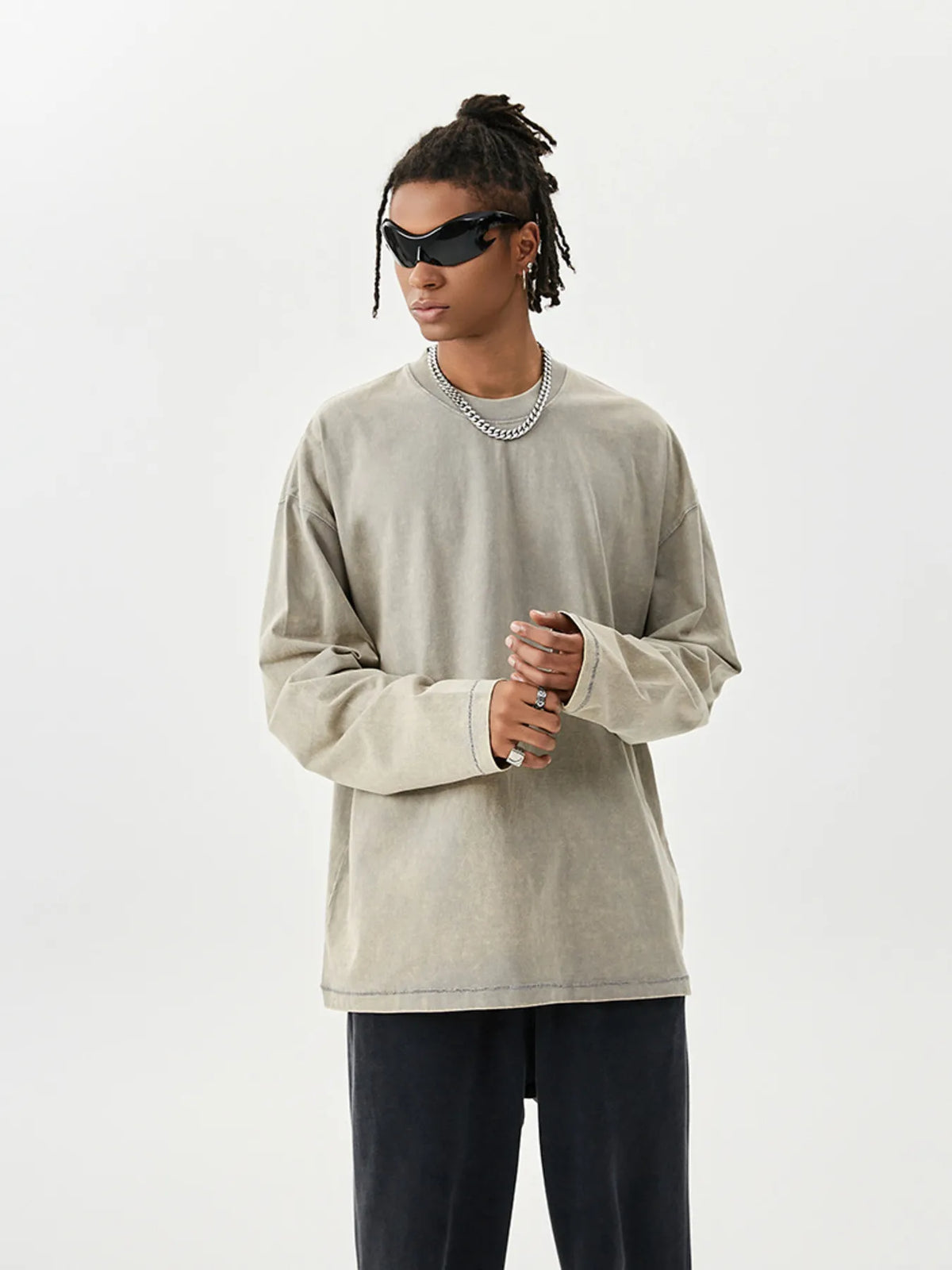 Men's Washed Round Neck Long Sleeve T-Shirt