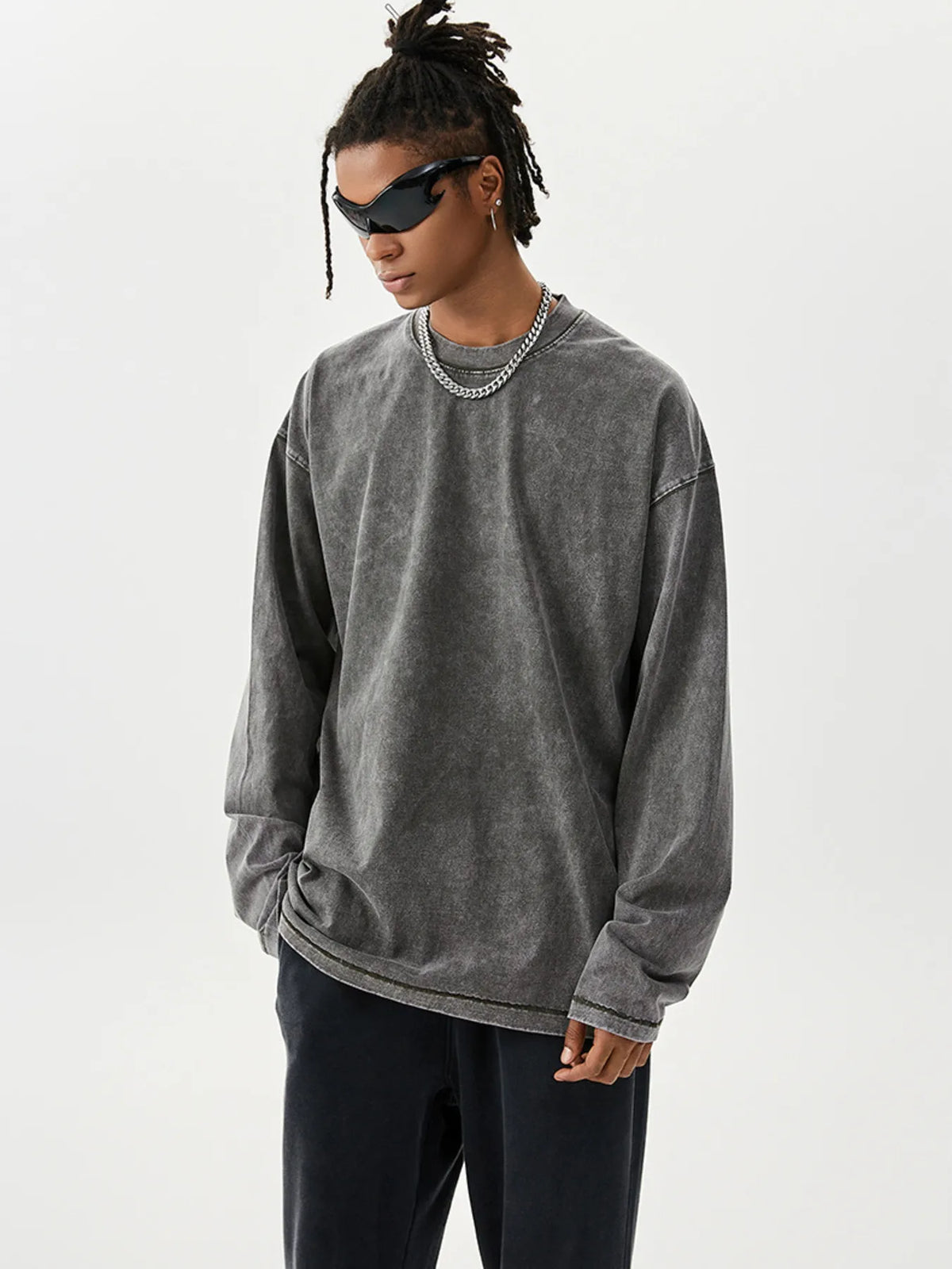 Men's Washed Round Neck Long Sleeve T-Shirt