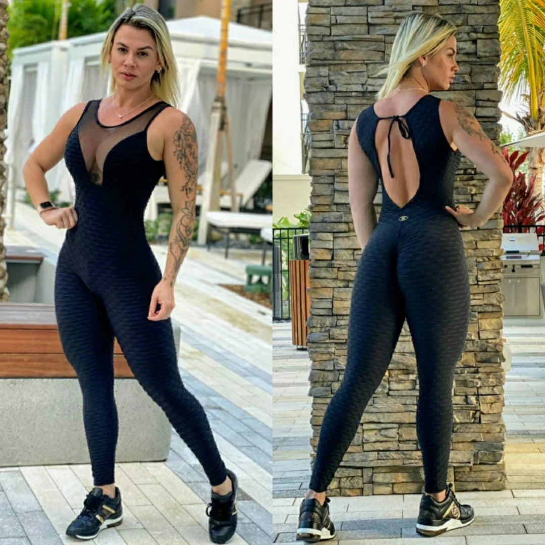 BUTT SCRUNCH CLEAVAGE BLACK TEXTURE WAVE JUMPSUIT