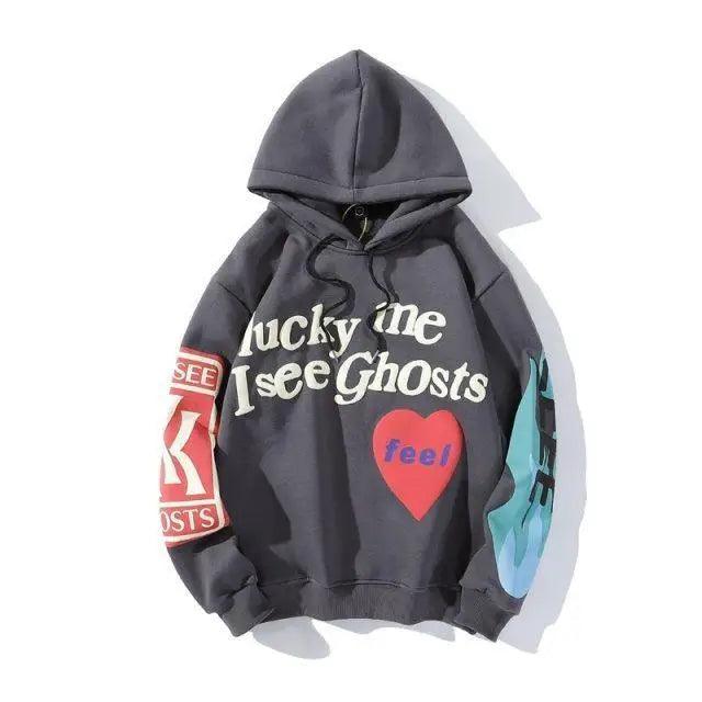 Reaper unit worldwide New Cool Printed Hoodies For Men Trendy Stylish Casual Wear For Winter Party Wear  Men Hooded Sweatshirts Lucky Me I See Ghosts Hoodie Hip Hop Street Rapper Unisex Couple Sweatshirt With Novelty Printing for Men Women