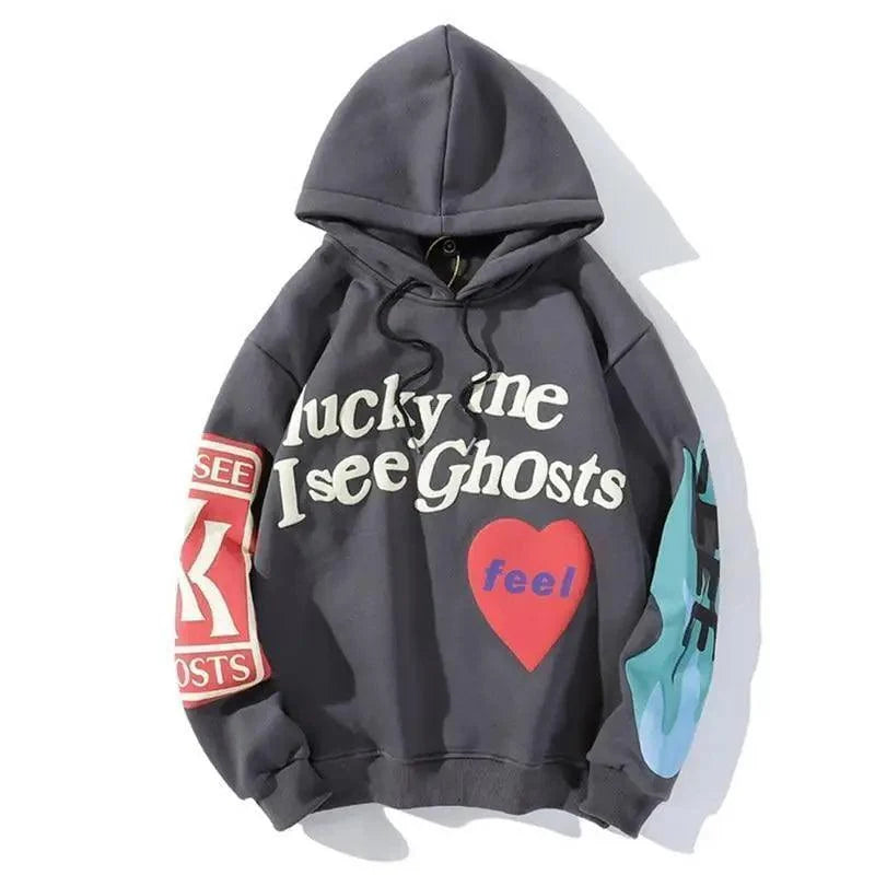 Reaper unit worldwide New Cool Printed Hoodies For Men Trendy Stylish Casual Wear For Winter Party Wear  Men Hooded Sweatshirts Lucky Me I See Ghosts Hoodie Hip Hop Street Rapper Unisex Couple Sweatshirt With Novelty Printing for Men Women