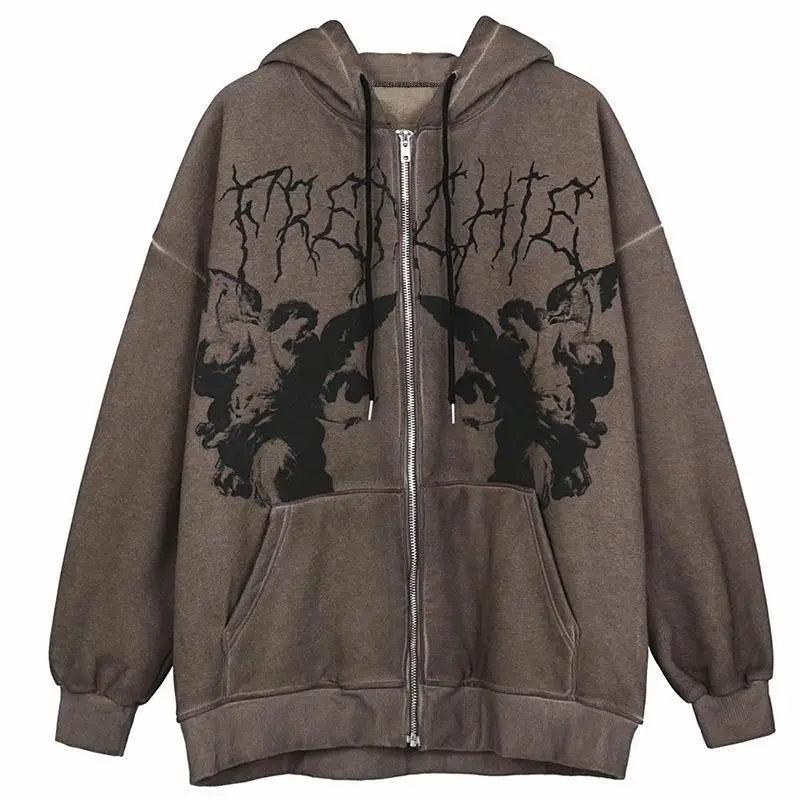 Reaper unit worldwide New Trendy Vintage Hip Hop Streetwear Women Hoodies Angel Dark Print Zipper Jacket Coat Hooded Top Clothes Men Women Punk Outwear
