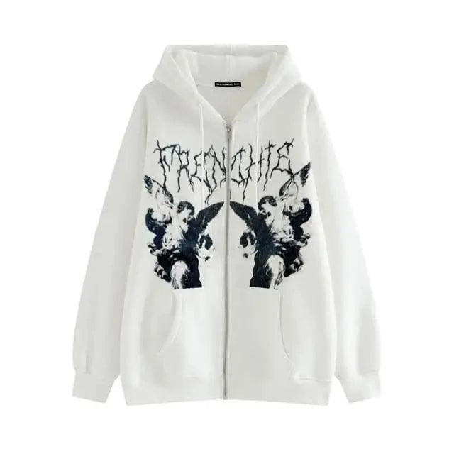 Reaper unit worldwide New Trendy Vintage Hip Hop Streetwear Women Hoodies Angel Dark Print Zipper Jacket Coat Hooded Top Clothes Men Women Punk Outwear