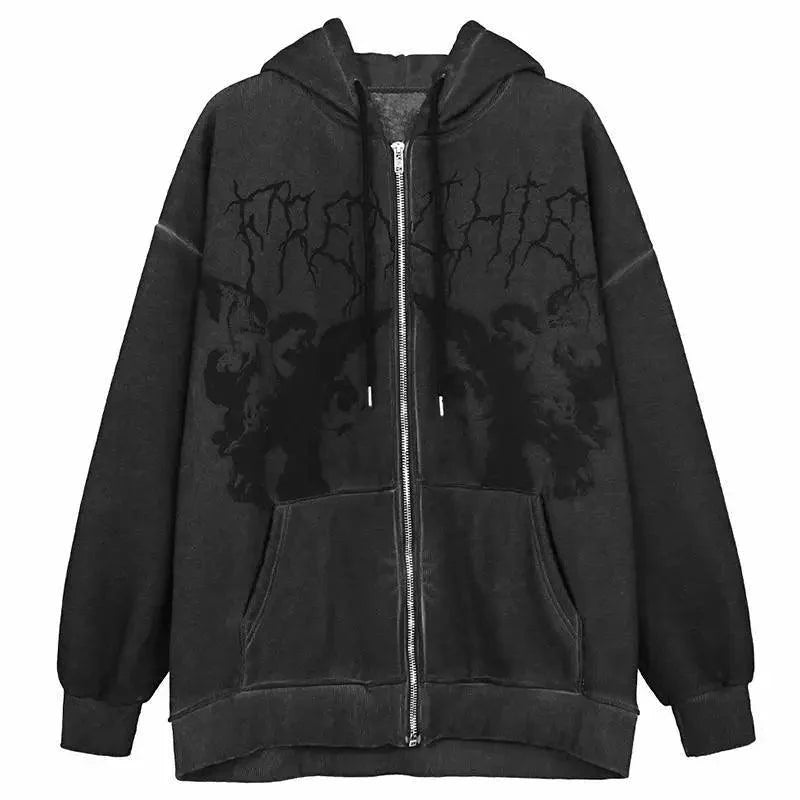 Reaper unit worldwide New Trendy Vintage Hip Hop Streetwear Women Hoodies Angel Dark Print Zipper Jacket Coat Hooded Top Clothes Men Women Punk Outwear