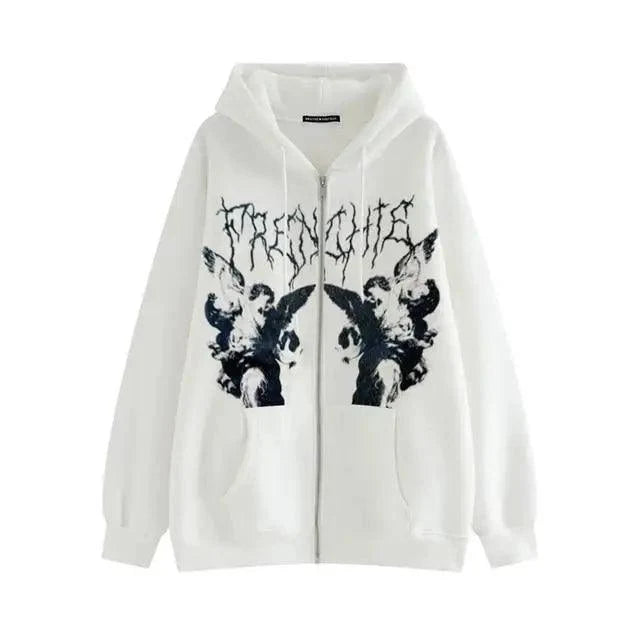 Reaper unit worldwide New Trendy Vintage Hip Hop Streetwear Women Hoodies Angel Dark Print Zipper Jacket Coat Hooded Top Clothes Men Women Punk Outwear
