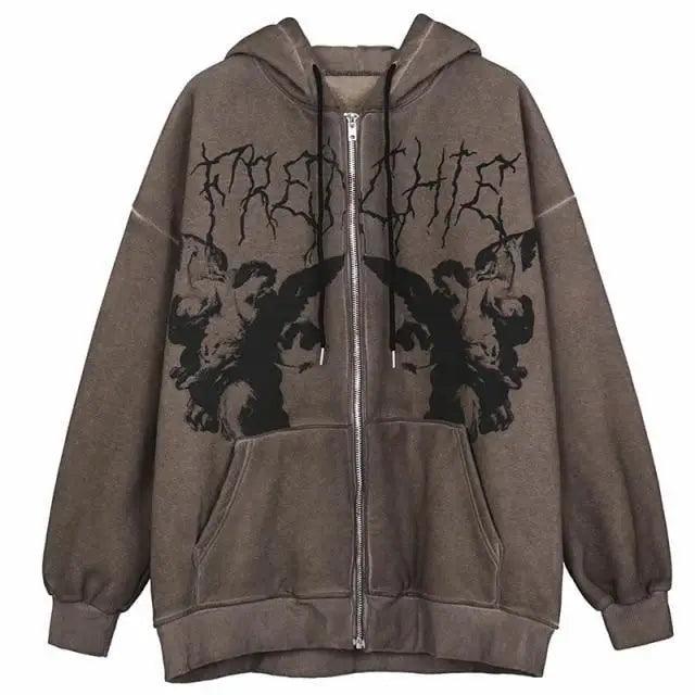 Reaper unit worldwide New Trendy Vintage Hip Hop Streetwear Women Hoodies Angel Dark Print Zipper Jacket Coat Hooded Top Clothes Men Women Punk Outwear